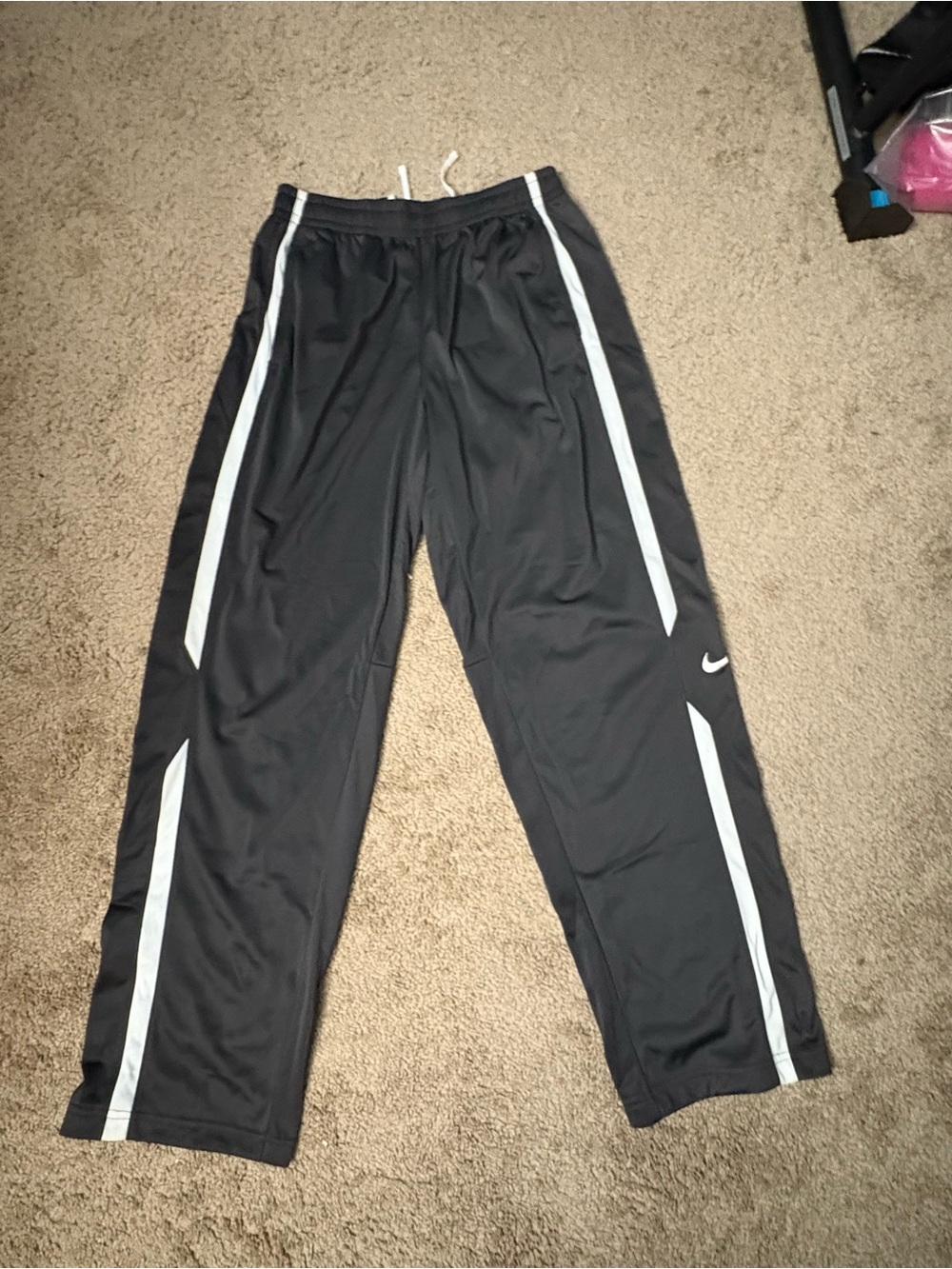 Nike Dark Gray Athletic Track Pants with White Stripe Accents - Mens Large